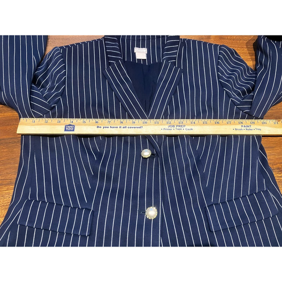 Chico's Sz 2P Petite Striped Navy Blue Blazer Pearl Buttons Jacket Lined - Picture 11 of 12